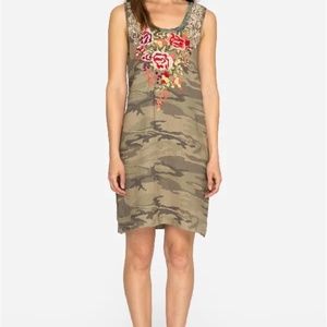 Johnny Was Adeline camo floral embroidered tank button side linen dress